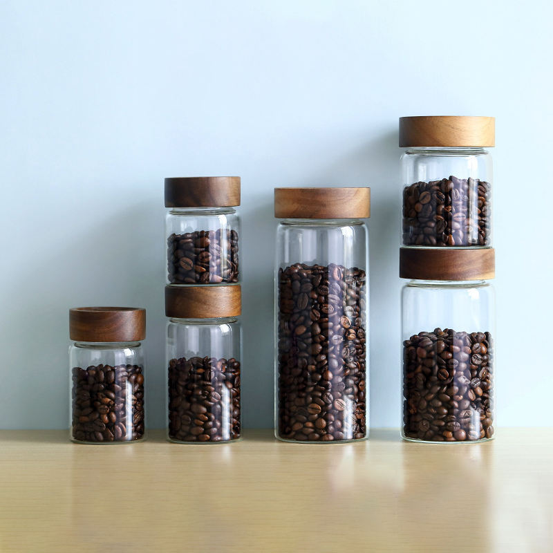 Coffee Equipment Tools - ภาชนะเก็บเมล็ดกาแฟแบบหลอดแก้วพร้อมฝาไม้ กระป๋องเก็บเมล็ดแบบปิดผนึก อุปกรณ์บาริสต้า ของขวัญ